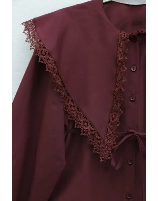 Dantelli Geniş Yakalı Bağcıklı Kolu Lastikli Poplin Gömlek  -Bordo