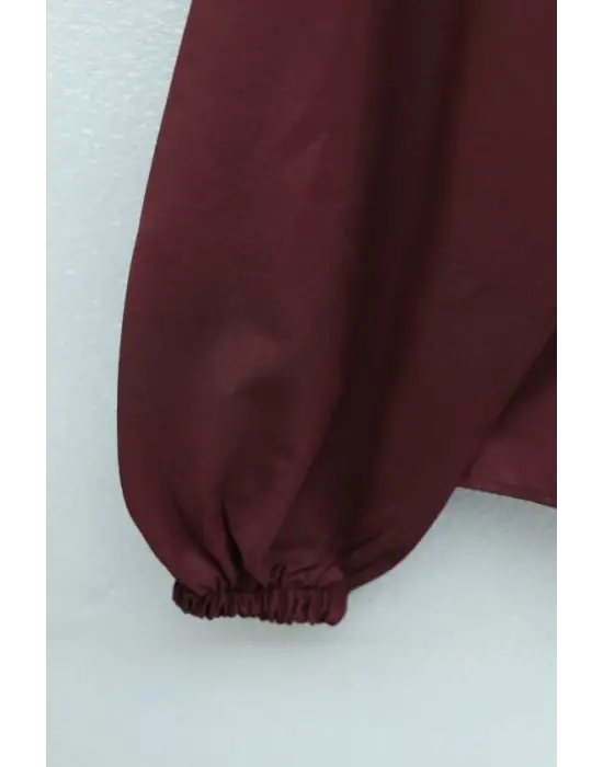 Dantelli Geniş Yakalı Bağcıklı Kolu Lastikli Poplin Gömlek  -Bordo