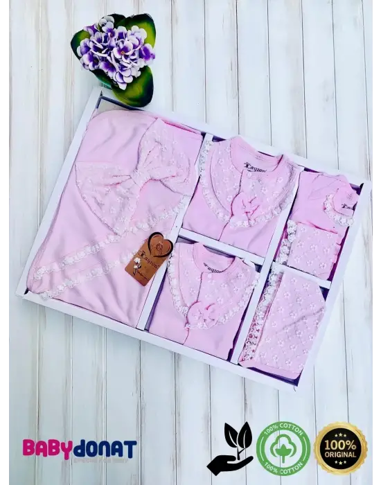 Dantelli Kız Bebek 10 Parça Kız Bebek Hastane Çıkışı Kutulu %100 Pamuk