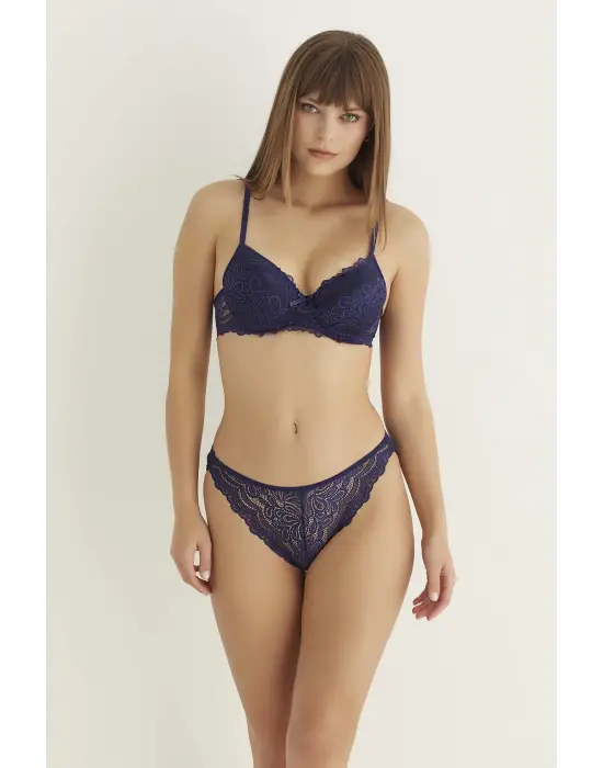 Omarı Dantelli Lacivert Slip Sütyen Takımı