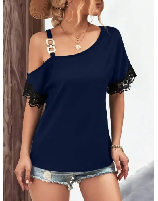 Omarı Şık Dantel Detaylı Tek Omuzlu Yaz Bluzu