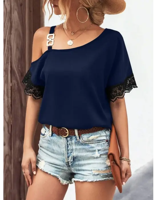 Omarı Şık Dantel Detaylı Tek Omuzlu Yaz Bluzu