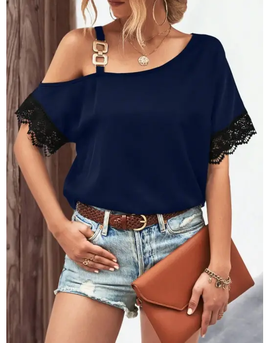 Omarı Şık Dantel Detaylı Tek Omuzlu Yaz Bluzu