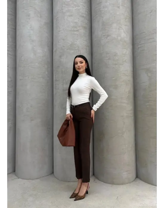 Dar paça kemerli kumaş pantolon kahve pt53