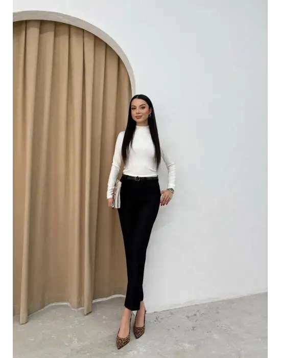 Dar paça kemerli kumaş pantolon siyah pt53