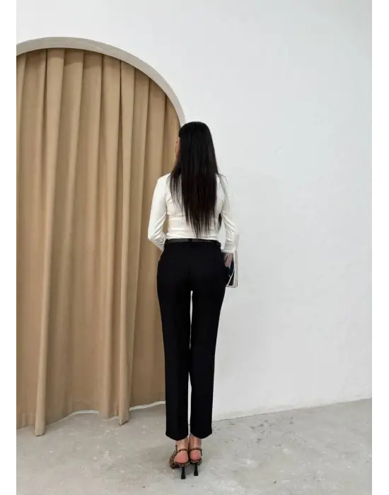 Dar paça kemerli kumaş pantolon siyah pt53