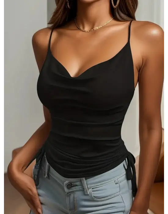 Omarı Degaje Yaka Yanlardan Büzgülü Kadın Askılı Bluz