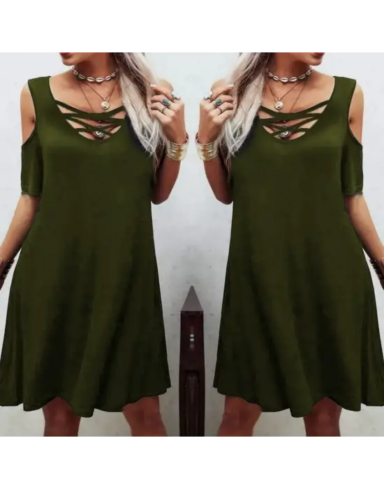 Omarı Eşsiz Dekolteli Viskon Elbise