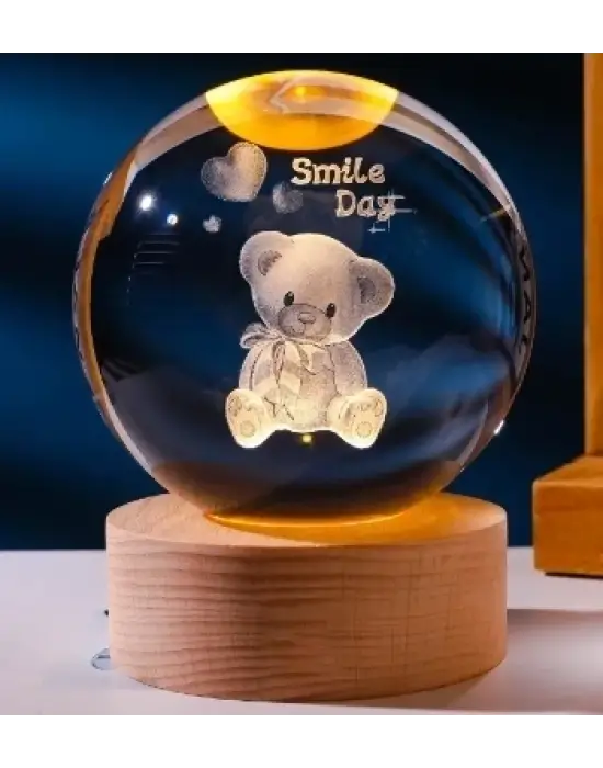 Dekoratif Ayıcık Tasarımlı Ahşap Altlıklı Işıklı Cam Küre Cam:6cm Ahşap:2cm