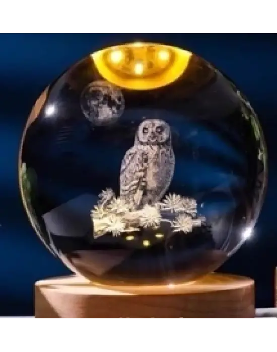 Dekoratif Baykuş Tasarımlı Ahşap Altlıklı Işıklı Cam Küre Büyük Boy 8cm