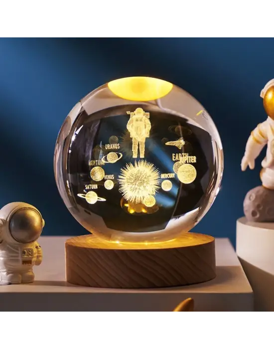 Dekoratif Bütün Gezegenler Tasarımlı Ahşap Altlıklı Işıklı Cam Küre Cam:6cm Ahşap:2cm
