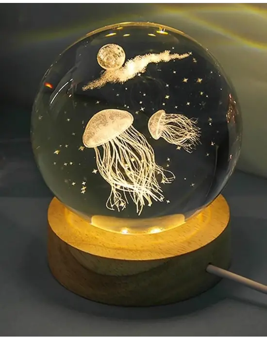 Dekoratif Deniz Anası Tasarımlı Ahşap Altlıklı Işıklı Cam Küre Büyük Boy Cam:8cm Ahşap:2cm