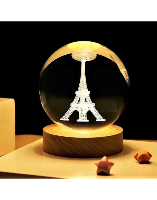 Dekoratif Eyfel Kulesi Tasarımlı Ahşap Altlıklı Işıklı Cam Küre Cam:6cm Ahşap:2cm