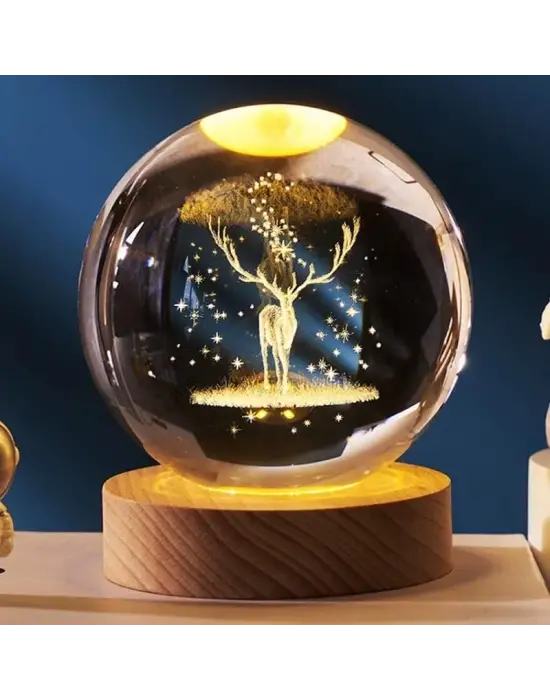 Dekoratif Geyik Tasarımlı Ahşap Altlıklı Işıklı Cam Küre Büyük Boy Cam:8cm Ahşap:2cm