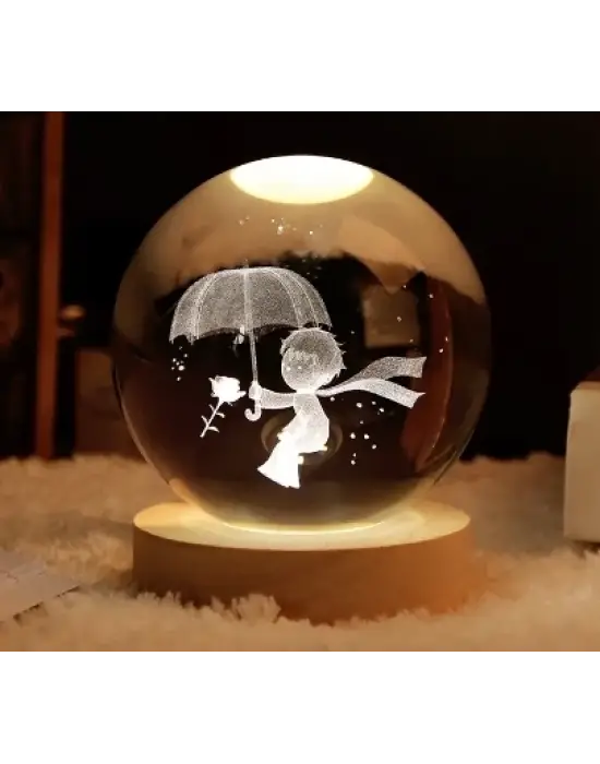 Dekoratif Küçük Prens Tasarımlı Ahşap Altlıklı Işıklı Cam Küre Cam:6cm Ahşap:2cm