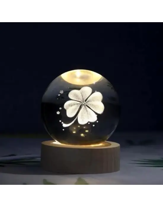 Dekoratif Yonca Tasarımlı Ahşap Altlıklı Işıklı Cam Küre Büyük Boy Cam:8cm Ahşap:2cm