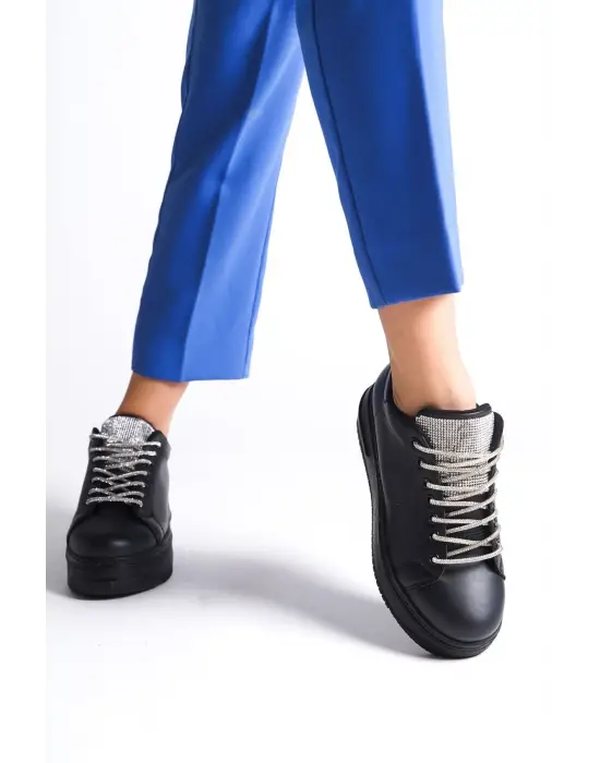 DELLA Bağcıklı Rahat tabanlı ayakkabı Tabaan Taşlı Bayan Spor tabanlı ayakkabı Spor Ayakkabı  CGünlük Şık - Siyah