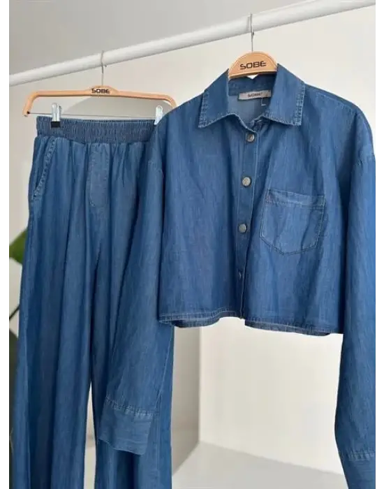 Omarı Denim Gömlek ve Plazzo Pantolon Takımı