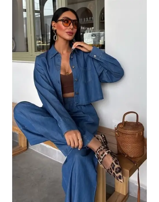 Omarı Denim Gömlek ve Plazzo Pantolon Takımı