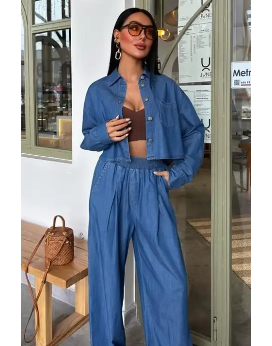 Omarı Denim Gömlek ve Plazzo Pantolon Takımı