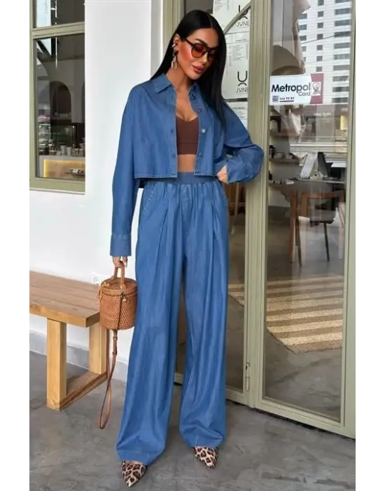 Omarı Denim Gömlek ve Plazzo Pantolon Takımı