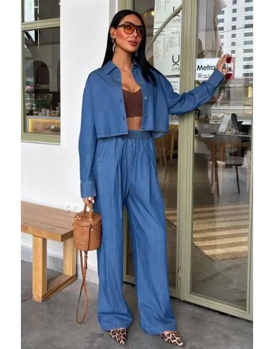 Omarı Denim Gömlek ve Plazzo Pantolon Takımı