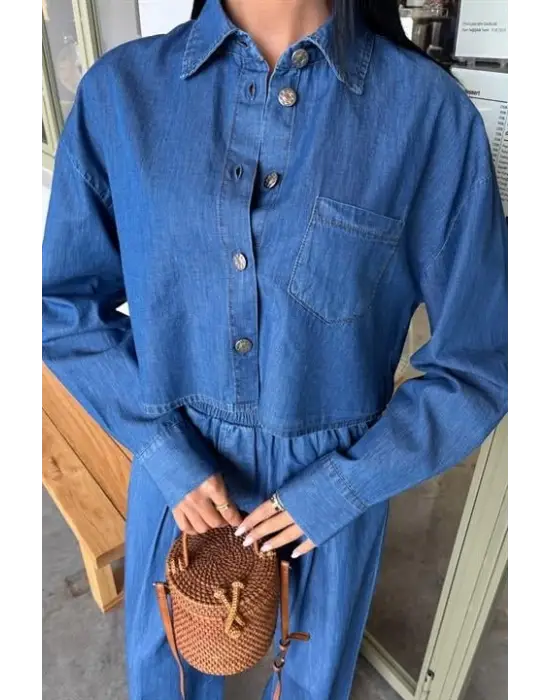 Omarı Denim Gömlek ve Plazzo Pantolon Takımı