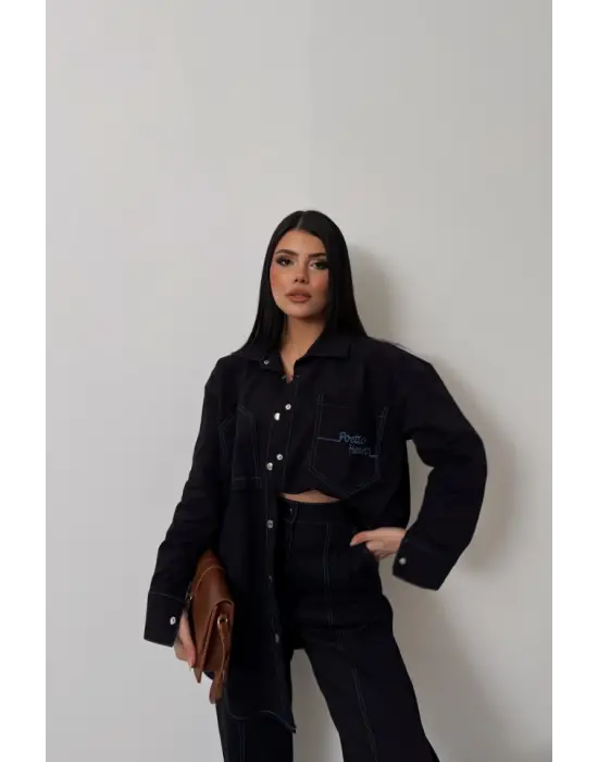 Omarı Puntolu Denim Takım - Mavi