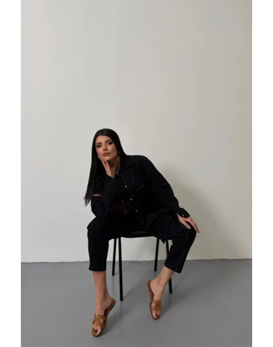 Omarı Puntolu Denim Takım - Mavi