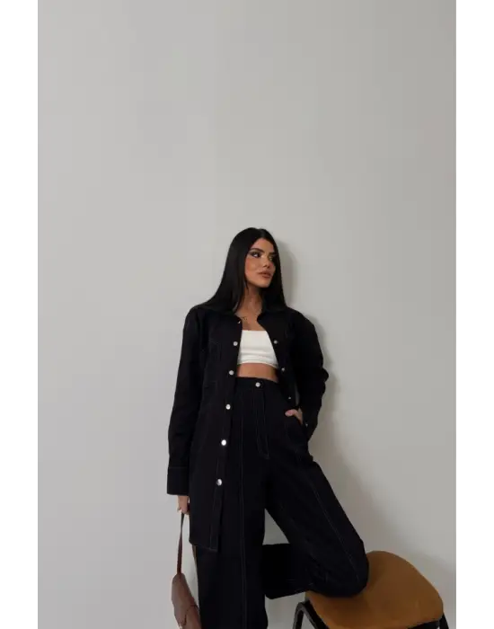 Omarı Puntolu Denim Takım - Mavi