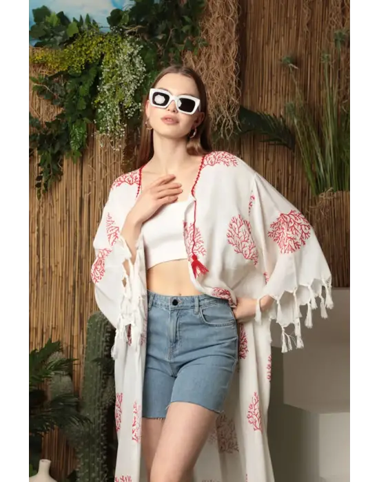 Omarı Trendy Çiçek Desenli Pareo - KIRMIZI