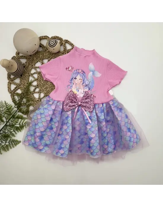 Omarı Denizkızı Desenli Pembe Bebek Elbisesi