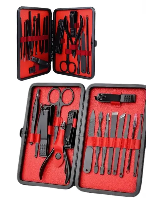 Deri Çantalı Siyah Paslanmaz Çelik 17 Parça Manikür Pedikür Seti