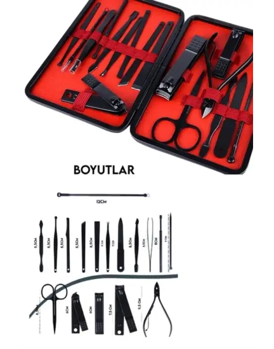 Deri Çantalı Siyah Paslanmaz Çelik 17 Parça Manikür Pedikür Seti