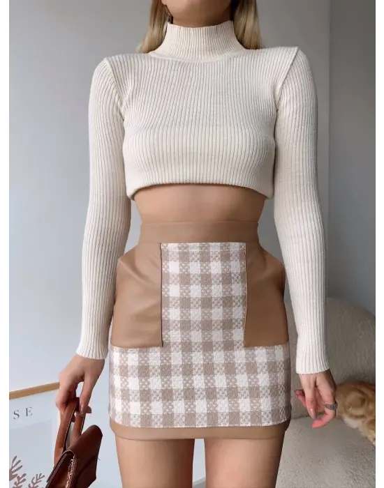 Deri cep garnili kaşe etek bej h24604