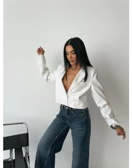 Omarı Kısa Crop Deri Ceket - Beyaz