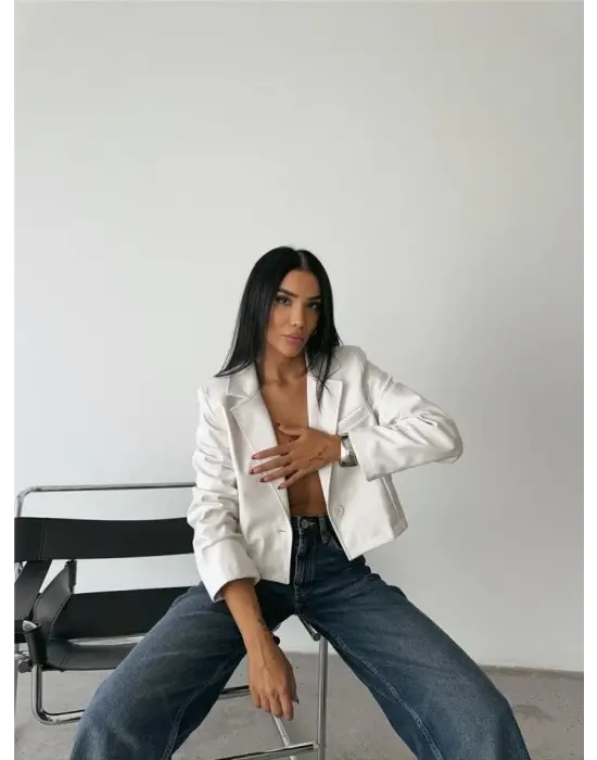 Omarı Kısa Crop Deri Ceket - Beyaz