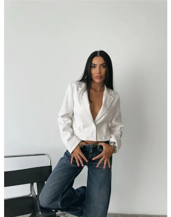 Omarı Kısa Crop Deri Ceket - Beyaz