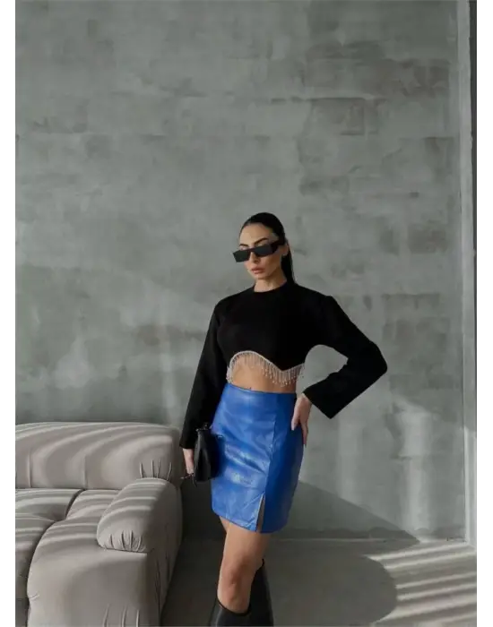 Omarı Saks Renkli Kapitone Deri Etek Yırtmaçlı