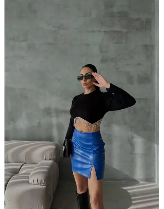 Omarı Saks Renkli Kapitone Deri Etek Yırtmaçlı