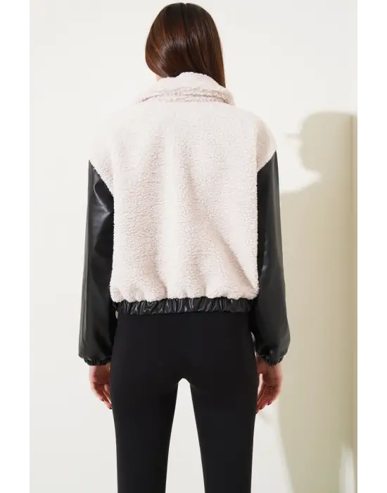 Deri garnili cepli peluş mont siyah t1253