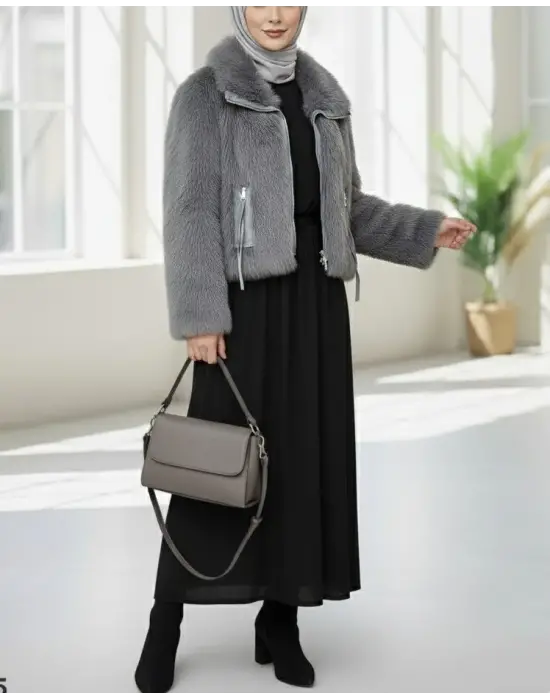 Deri Garnili İçi Astarlı Fermuarlı İp Detaylı Kürk Mont -Füme