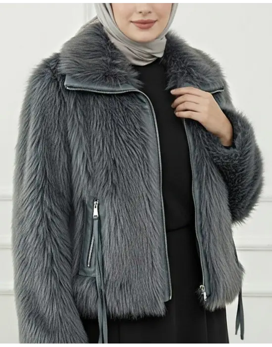 Deri Garnili İçi Astarlı Fermuarlı İp Detaylı Kürk Mont -Füme