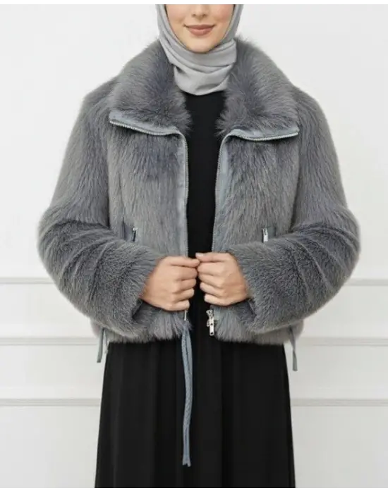 Deri Garnili İçi Astarlı Fermuarlı İp Detaylı Kürk Mont -Füme