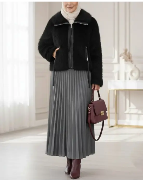 Deri Garnili İçi Astarlı Fermuarlı İp Detaylı Kürk Mont -Siyah