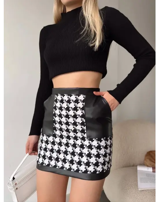 Deri garnili kaz ayağı kaşe etek siyah h24604