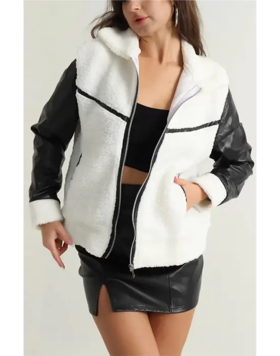 Deri garnili kuzu peluş mont beyaz t1220