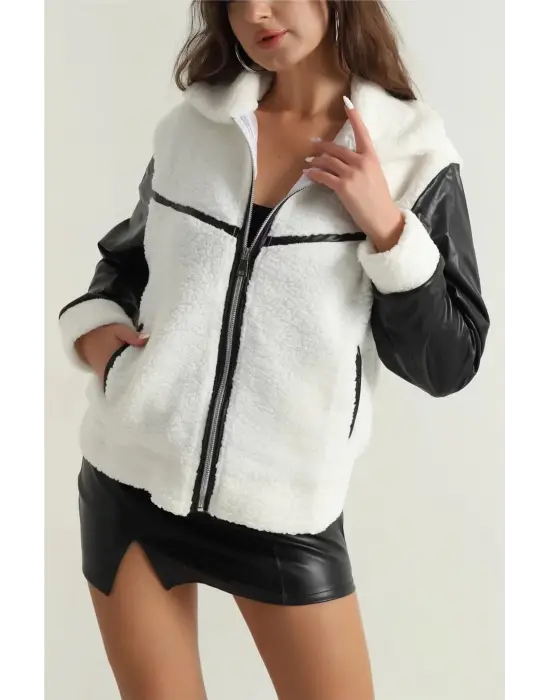 Deri garnili kuzu peluş mont beyaz t1220