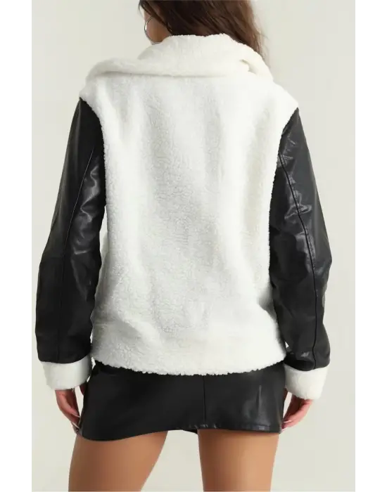 Deri garnili kuzu peluş mont beyaz t1220