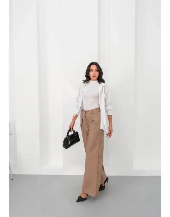 Deri geniş paça beli lastikli pantolon bej h263644